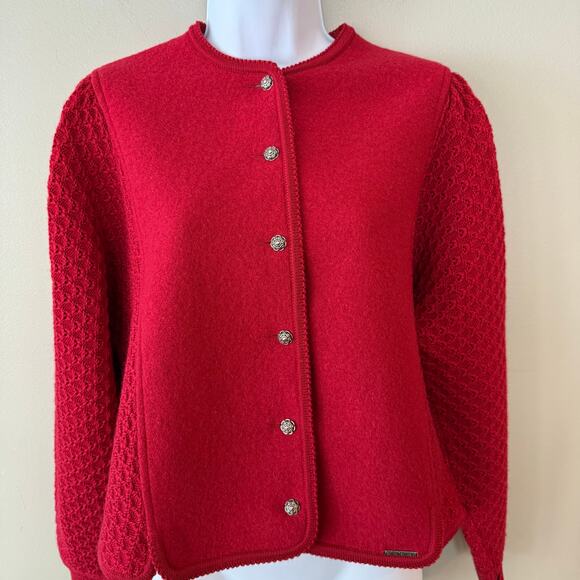 Vintage Geiger of Austria Boiled Wool Cardigan Sweater Red S/M Christmas Classic - Picture 2 of 16